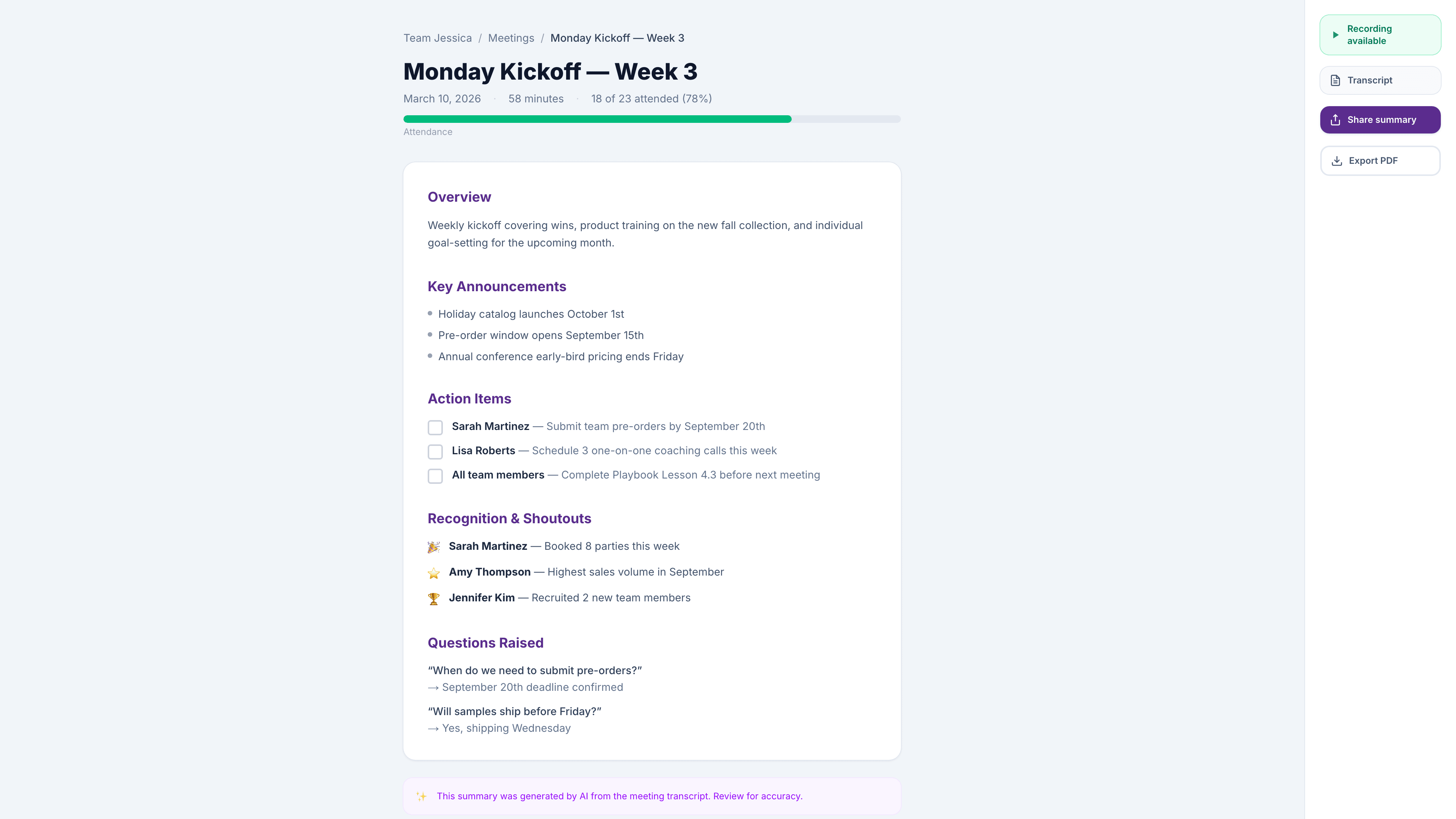 AI-generated meeting summary with action items, recognitions, and key announcements
