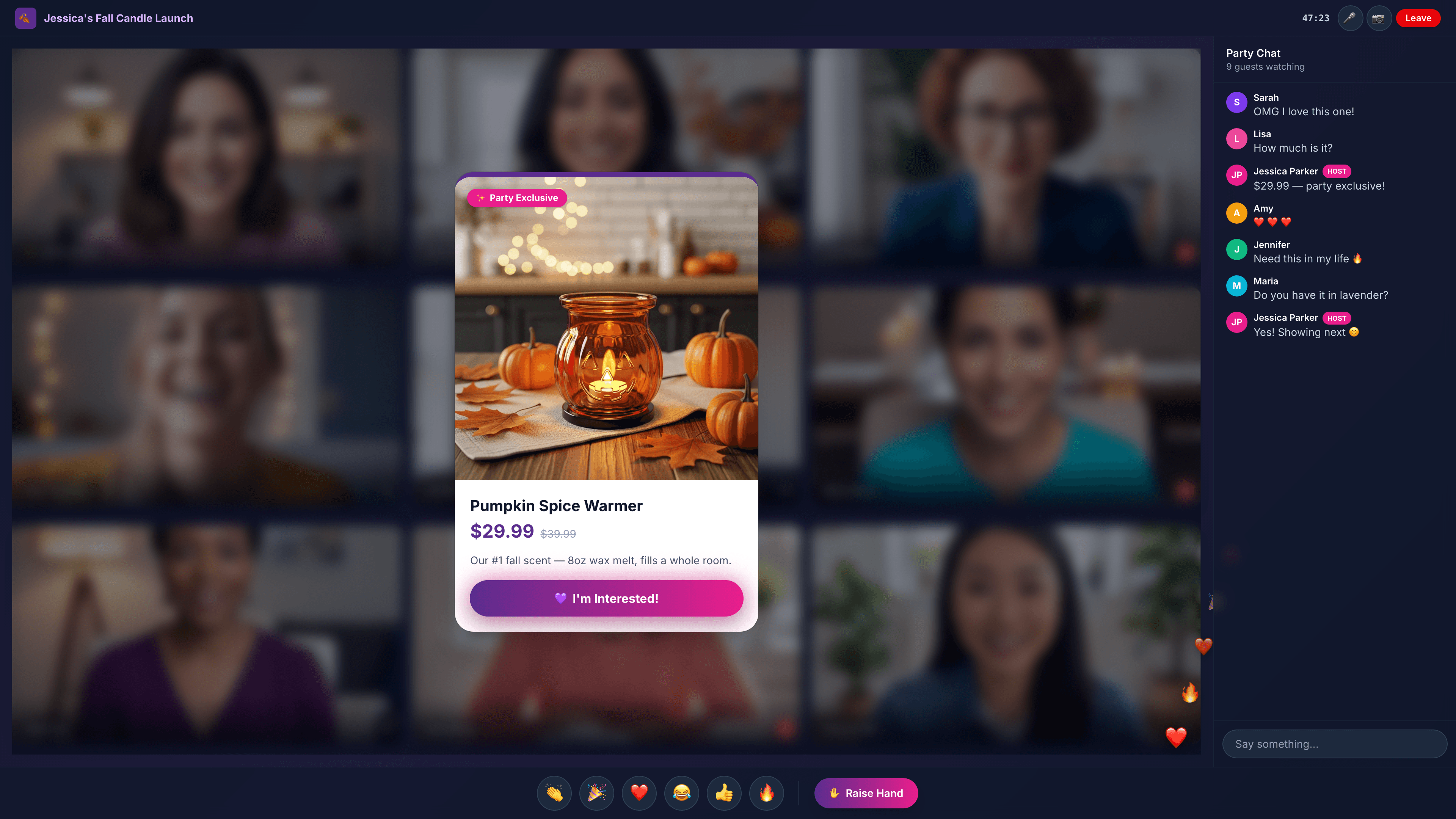 Guest view of a virtual party with product showcase CTA, video tiles, and chat