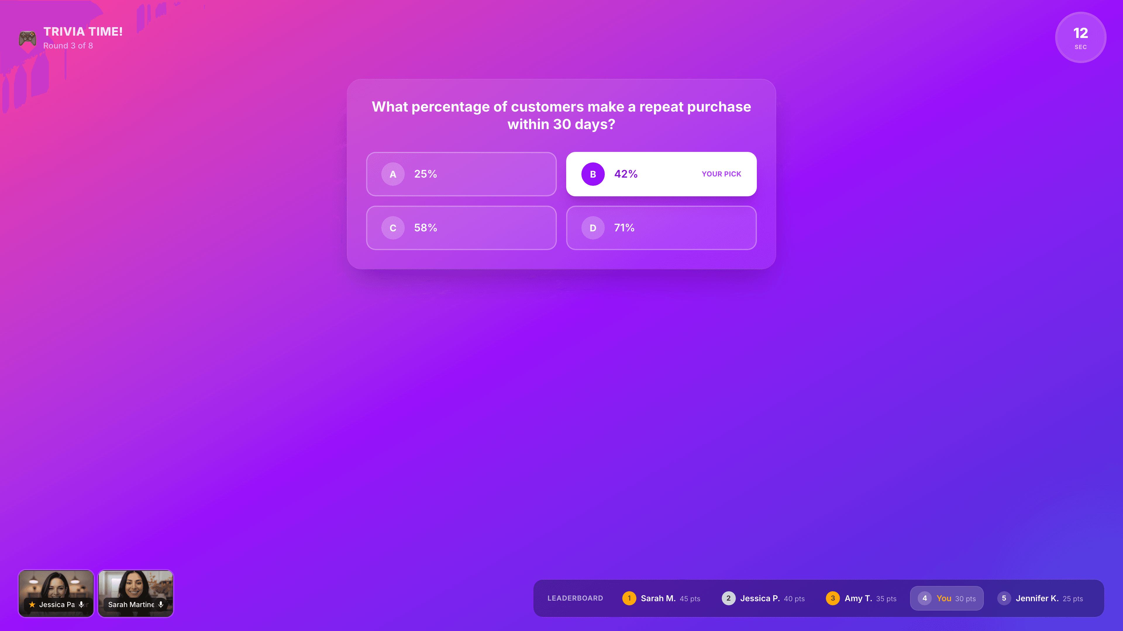 Trivia game mid-play with gradient background, leaderboard, and timer